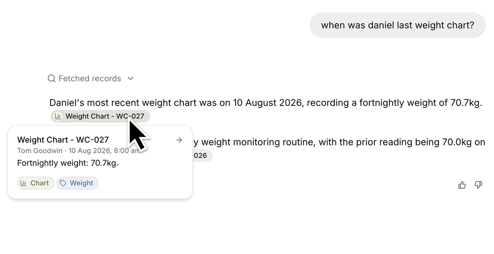 **Inline citations:** a citation in an answer now shows the record it came from, not a footnote number, and hovering or focusing it previews the record's content, labels, and author. Where one sentence rests on several records, you can page through them from the citation itself.